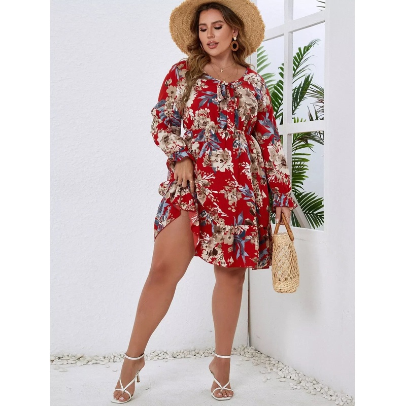 Plus Floral Print Knot Front Flounce Sleeve Ruffle Hem Dress