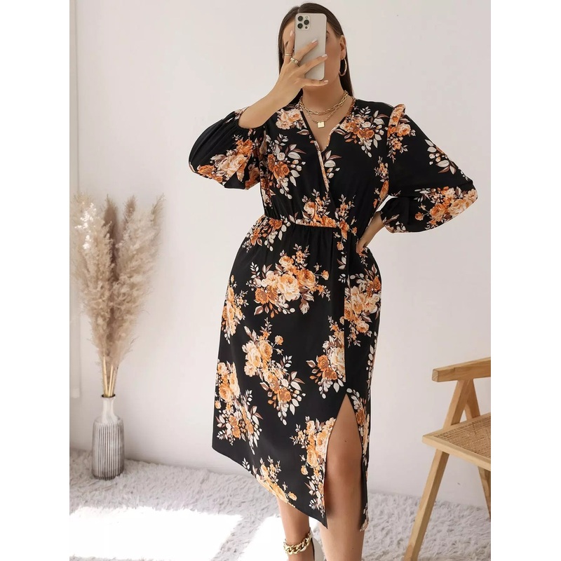 Plus Floral Print Overlap Collar Lantern Sleeve Slit Thigh Dress