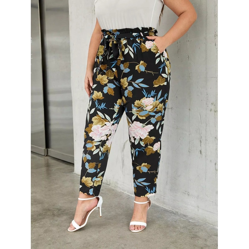 Plus Floral Print Paper Bag Waist Pants