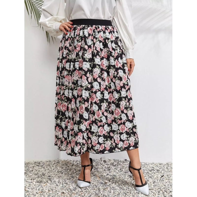 Plus Floral Print Pleated Skirt