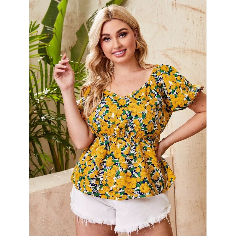 Plus Floral Print Puff Sleeve Peplum Blouse