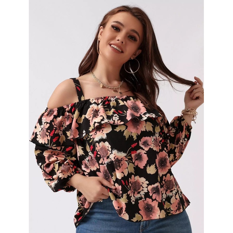 Plus Floral Print Ruffle Trim Cold Shoulder Blouse