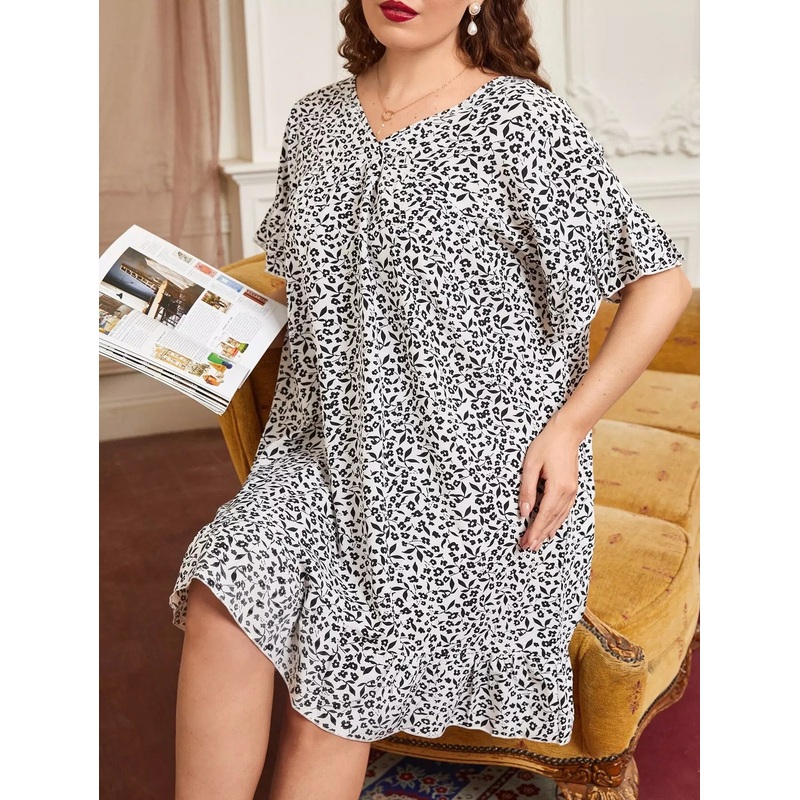 Plus Floral Print Ruffle Trim Double V Neck Nightdress