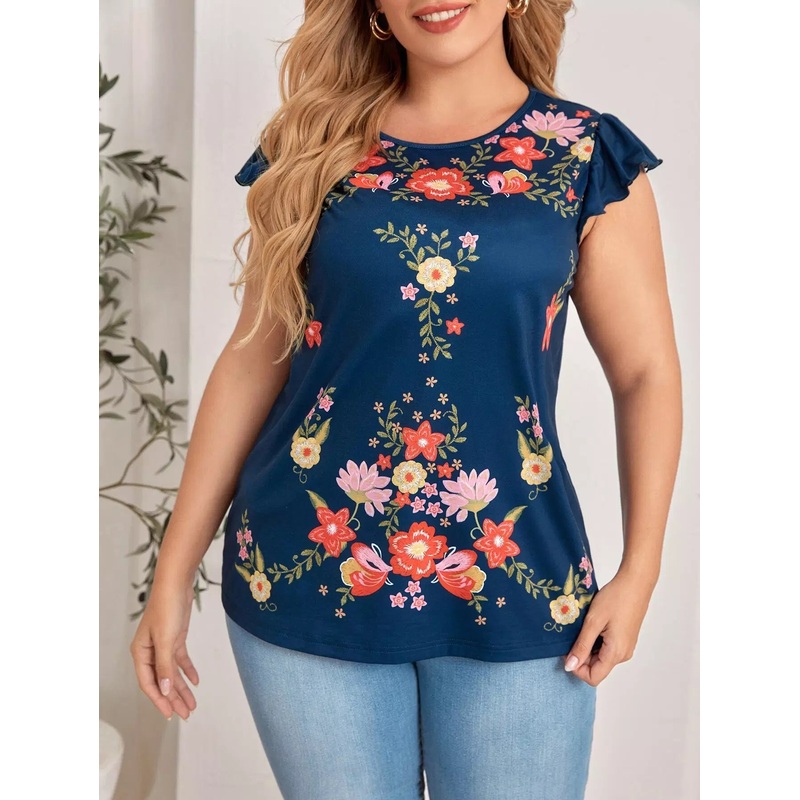 Plus Floral Print Ruffle Trim Tee