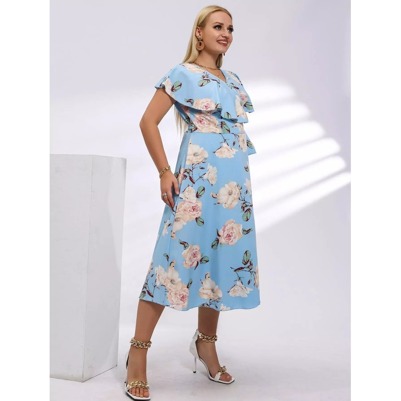 Plus Floral Print Ruffle Trim Tie Side Wrap Dress