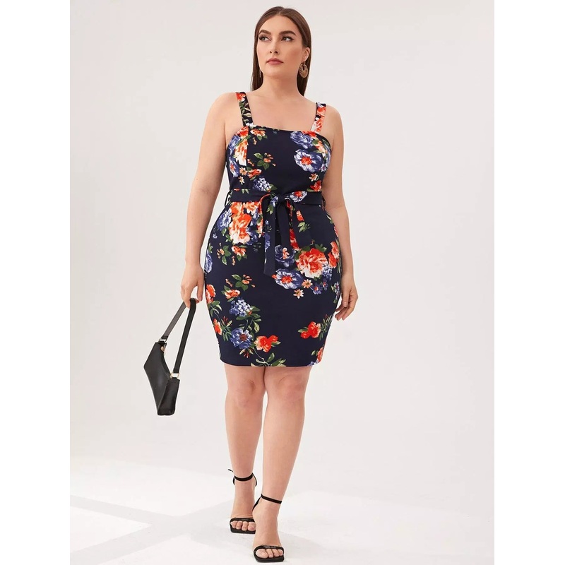 Plus Floral Print Self Dress Without Belt