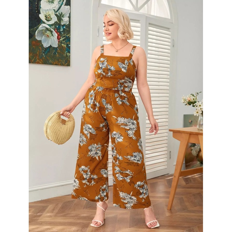 Plus Floral Print Shirred Back Cami Top & Wide Leg Pants