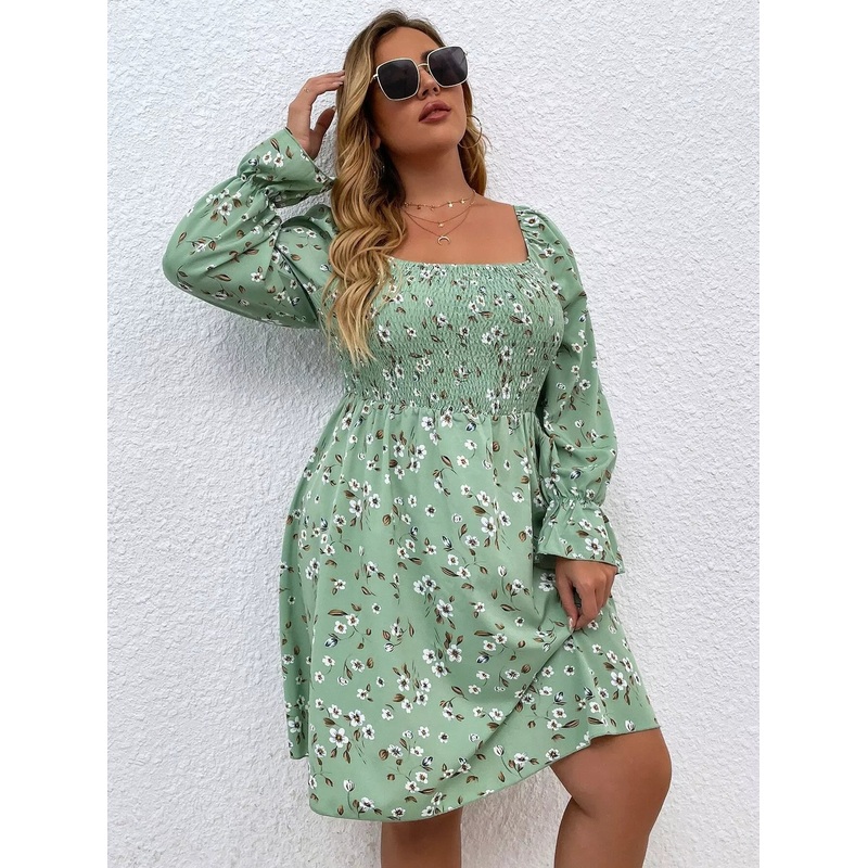 Plus Floral Print Shirred Bust Square Neck Dress