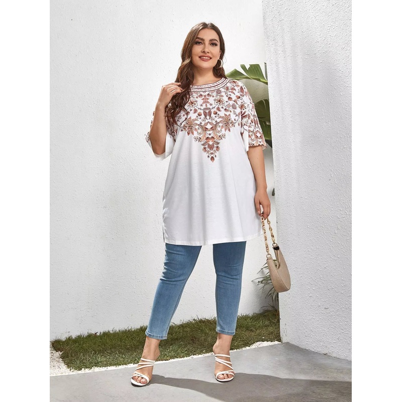 Plus Floral Print Split Hem Tee
