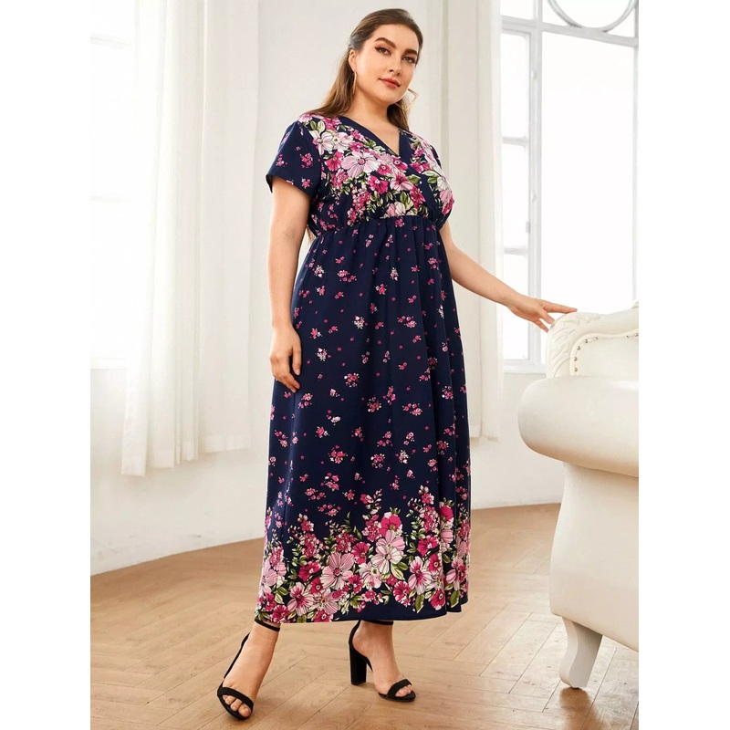 Plus Floral Print Surplice Neck A-line Dress