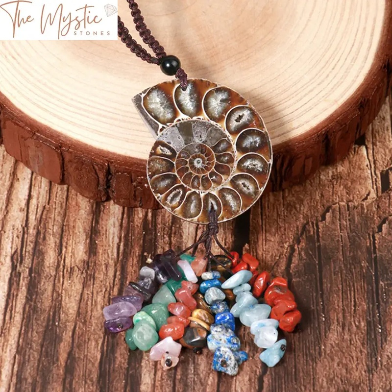 7 Chakra Ammonite Conch Pendant with Natural Stone Chip Beads