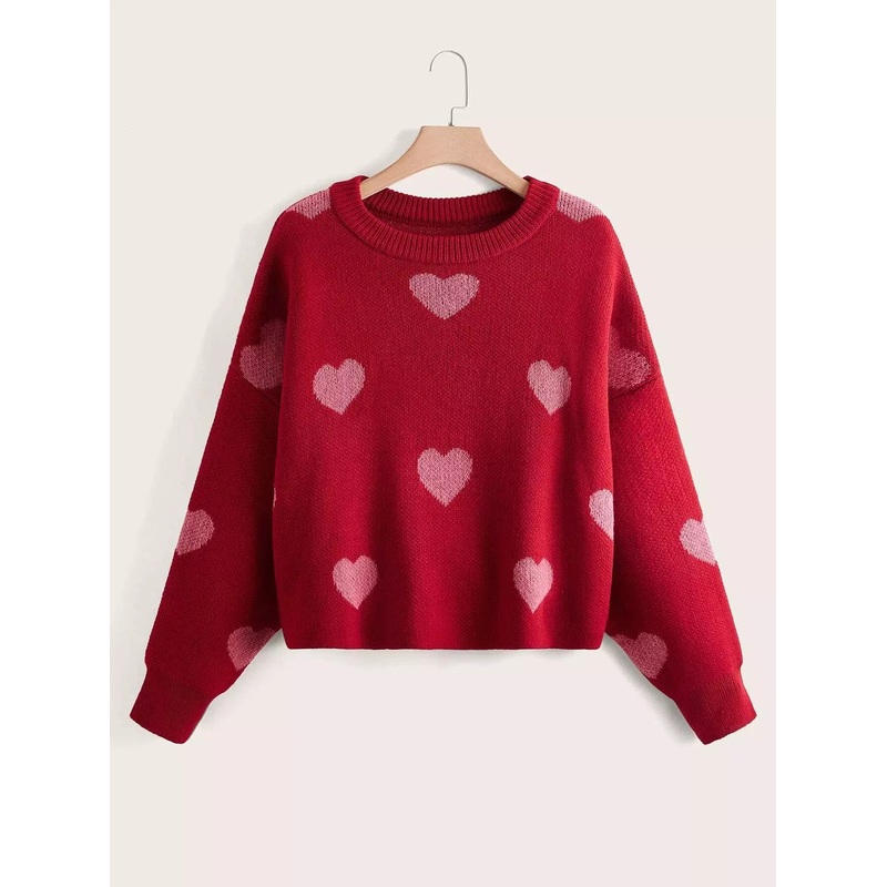 Plus Heart Pattern Drop Shoulder Sweater
