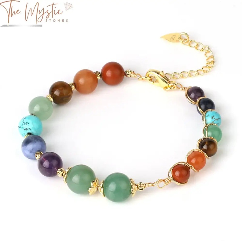 7 Chakra Natural Stone Bead Wire-Wrap Bracelet with Adjustable Gold Chain