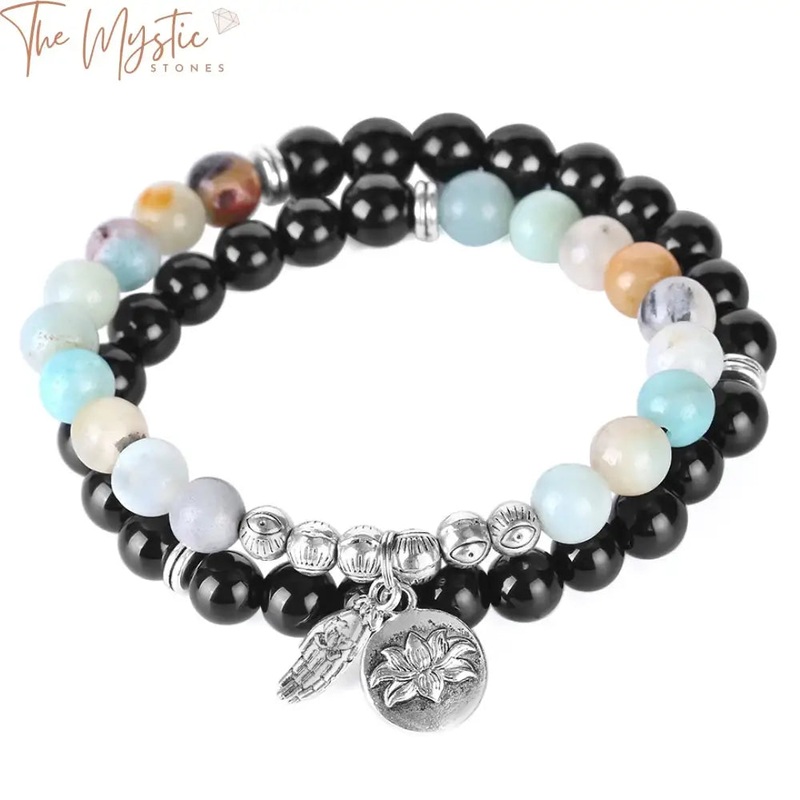 Black Obsidian & Amazonite Double-Layer Amulet Bracelet