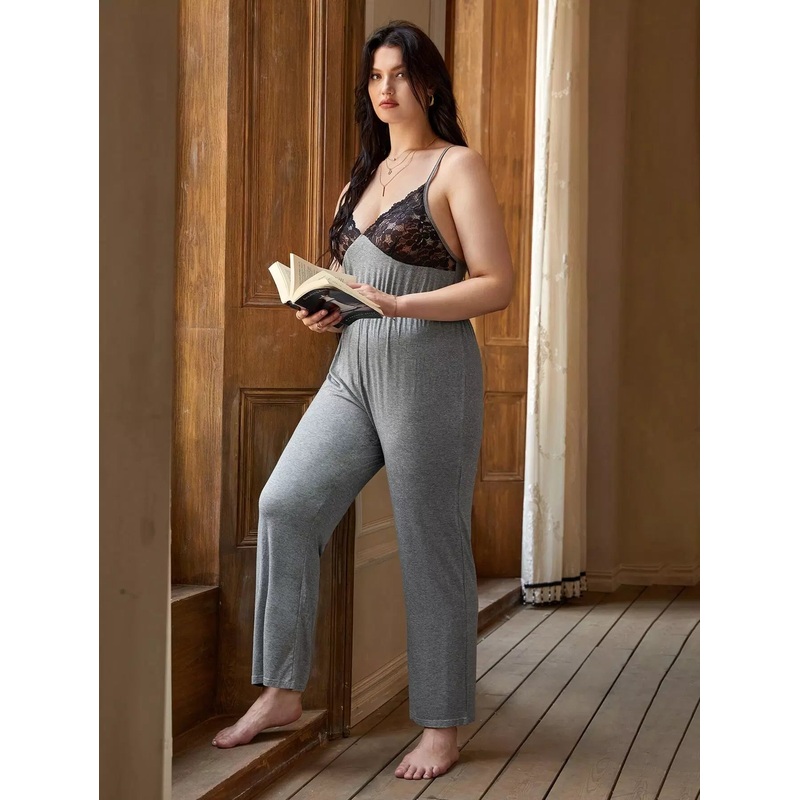 Plus Lace Panel Cami Sleep Jumpsuit