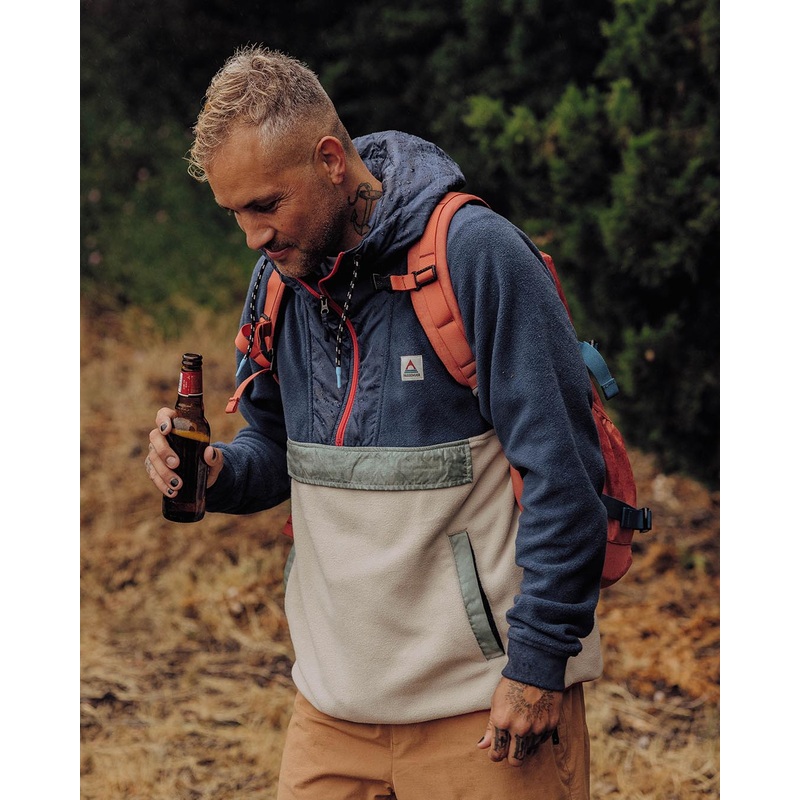 Woodland Kapuzenpullover mit 1/2 Reiverschluss aus recyceltem Polarfleece – Dunkles Denim/Haferflocken