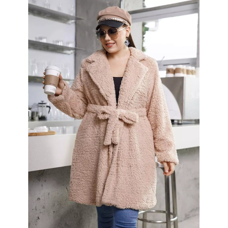 Plus Lapel Neck  Teddy Coat Without Belt