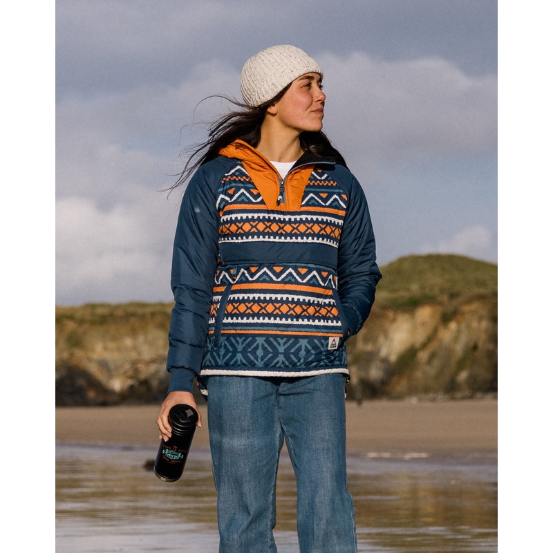 Ocean recycelte isolierte 1/2 Zip Jacke – Heimgewebter Streifen Marineblau