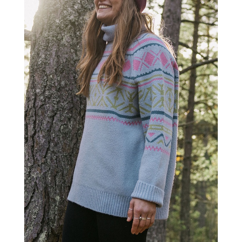 Whimsical Recycelter Oversized Rollkragen Strickpullover – Heimgewebter Streifen Blauer Nebel