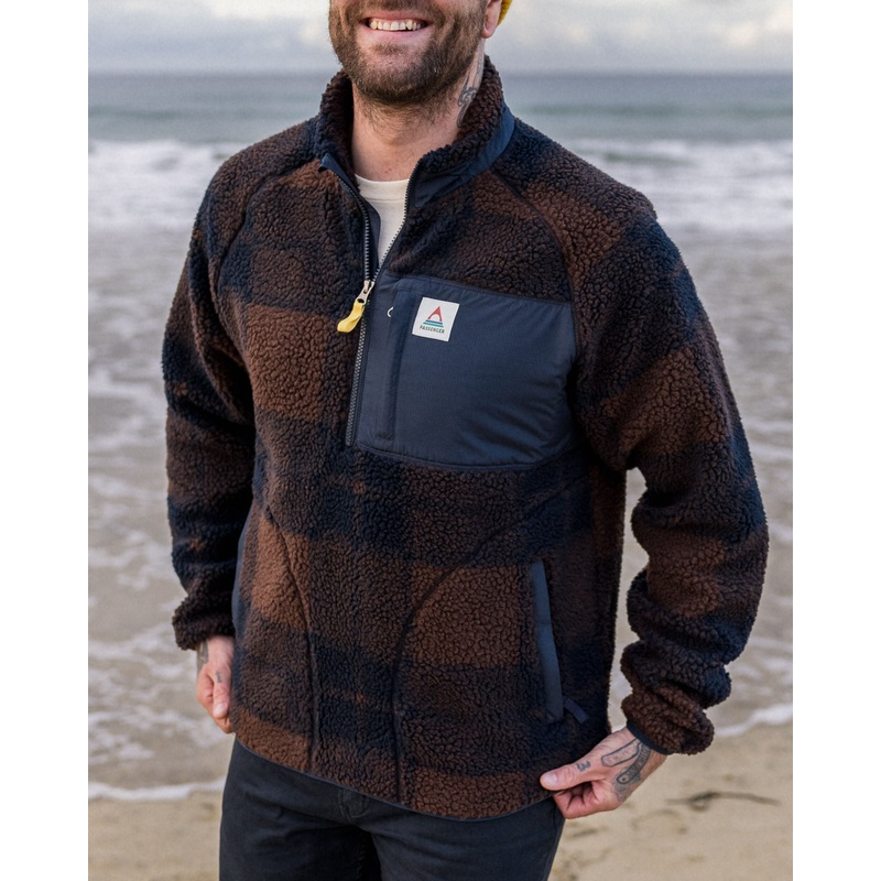 Offroad Recycelter Sherpa-Fleece mit halbem Reiverschluss – Kastanie/Tiefes Marineblau Karo