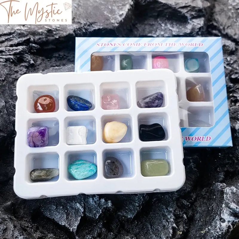 12-Piece Tumbled Crystal Agate Gemstone Set with Display Box