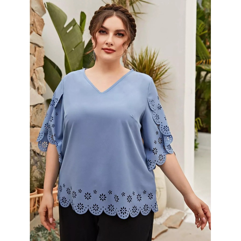 Plus Solid Scallop Trim Petal Sleeve Blouse
