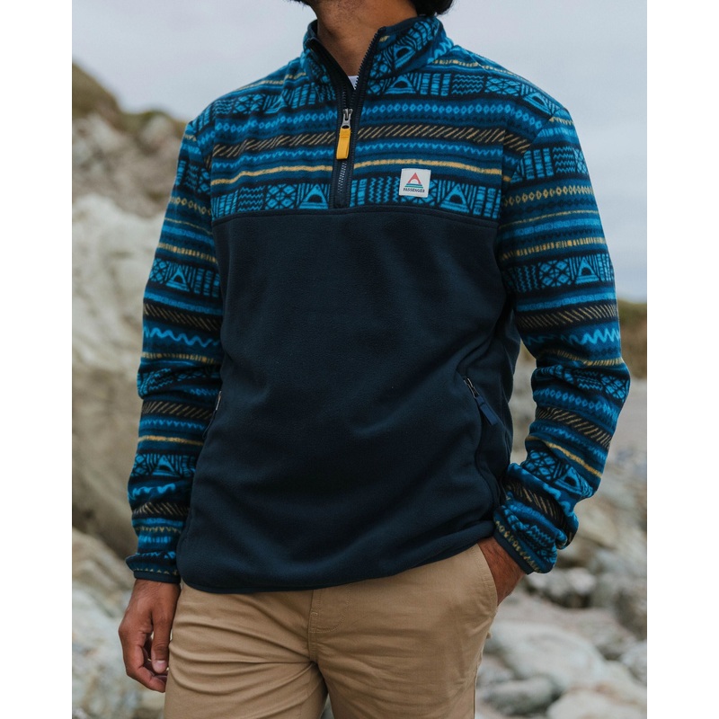 Set Off recycelter Polar 1/4 Zip Fleece – Patchwork-Streifen Gezeitenblau/ Tiefes Marineblau