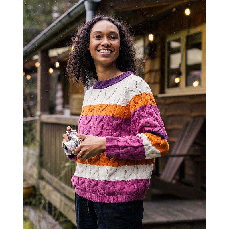 Comfort Stripe Bio-Gestrickter Pullover – Rhabarber Multi Streifen