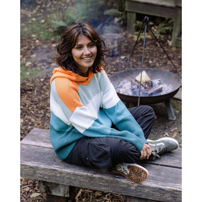 Moments bergroer Bio-Strickpullover mit Kapuze – Mehrfarbig gestreift