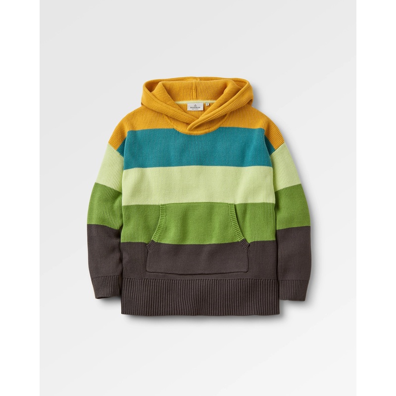 Moments bergroer Bio-Strickpullover mit Kapuze – Senfgelb Mehrfarbig Gestreift