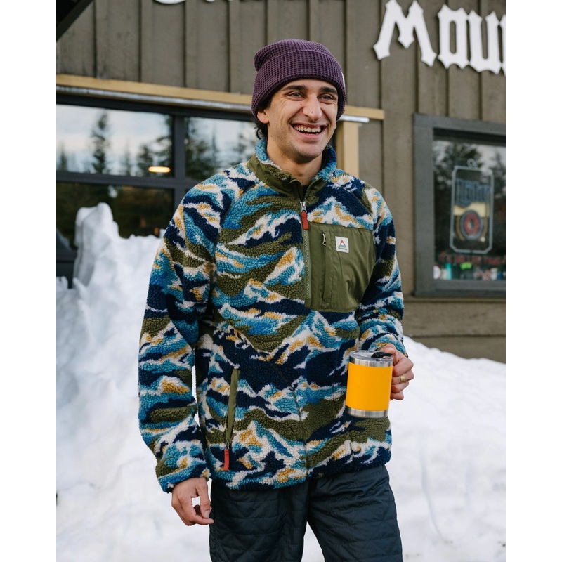 Offroad Recycelter Sherpa-Fleece mit halbem Reiverschluss – Bergszenen-Khaki