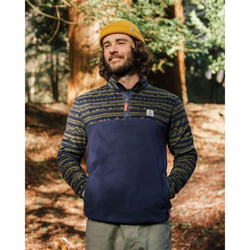 Set Off recycelter Polar 1/4 Zip Fleece – Berg Geo Khaki/Reiches Marineblau