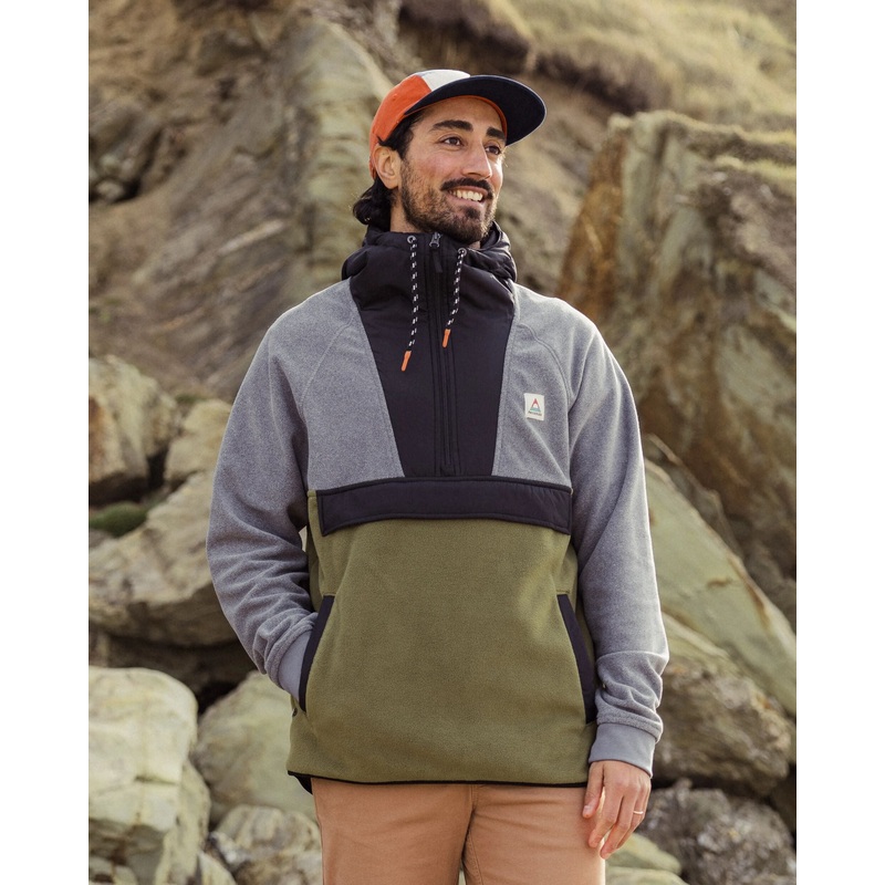 Woodland Kapuzenpullover aus recyceltem Polarfleece – Grau Meliert/Khaki