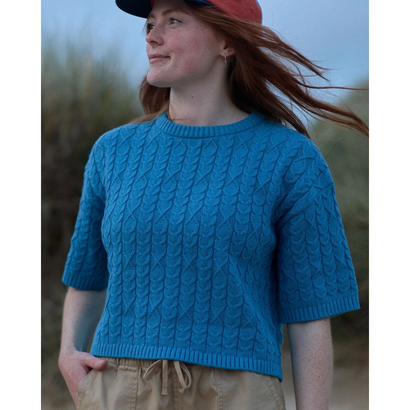 Homely Kurzarm-Strickpullover – Eichelhherblau