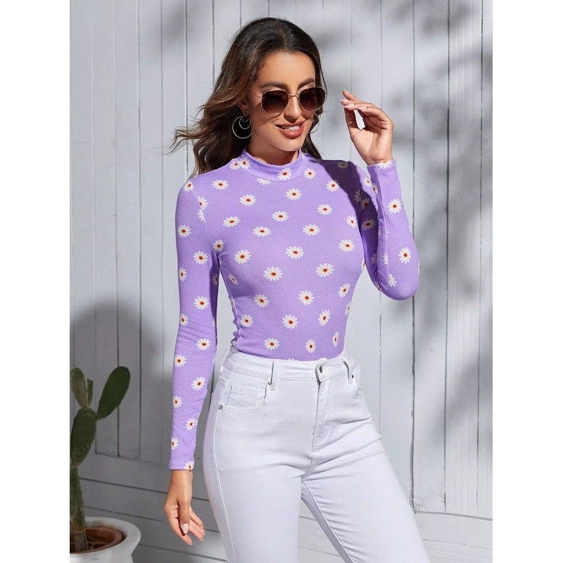 Allover Floral Print Mock Neck Tee