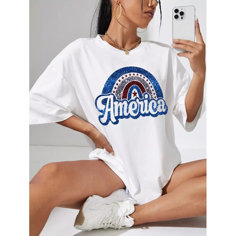 Letter & Rainbow Print Drop Shoulder Oversized Tee