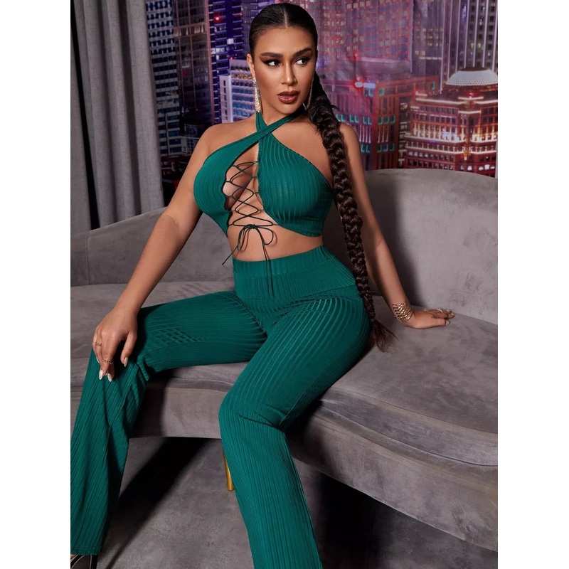 Lace Up Crop Top & High Waist Pants Set