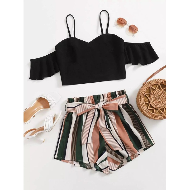 Ruffle Cuff Cold Shoulder Top & Paperbag Waist Striped Shorts Set Without Belt