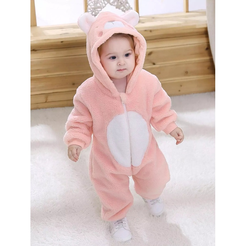 Baby Girl Cartoon Embroidery 3D Ear Patched Zipper Front Flannel Jumpsuit