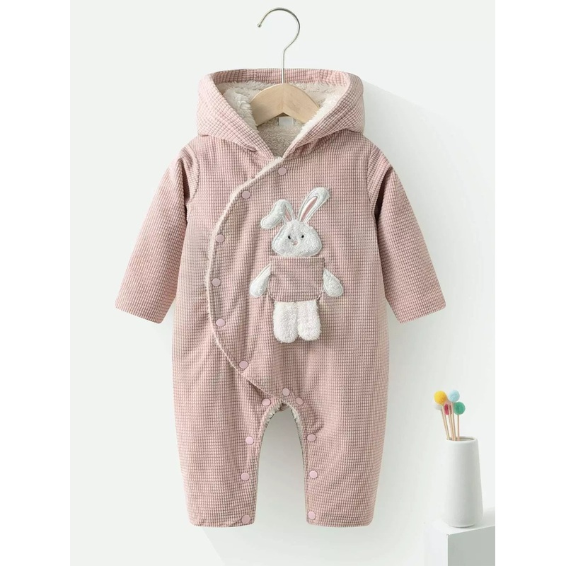 Baby Rabbit Embroidery Hooded Teddy Lined Corduroy Sleep Jumpsuit