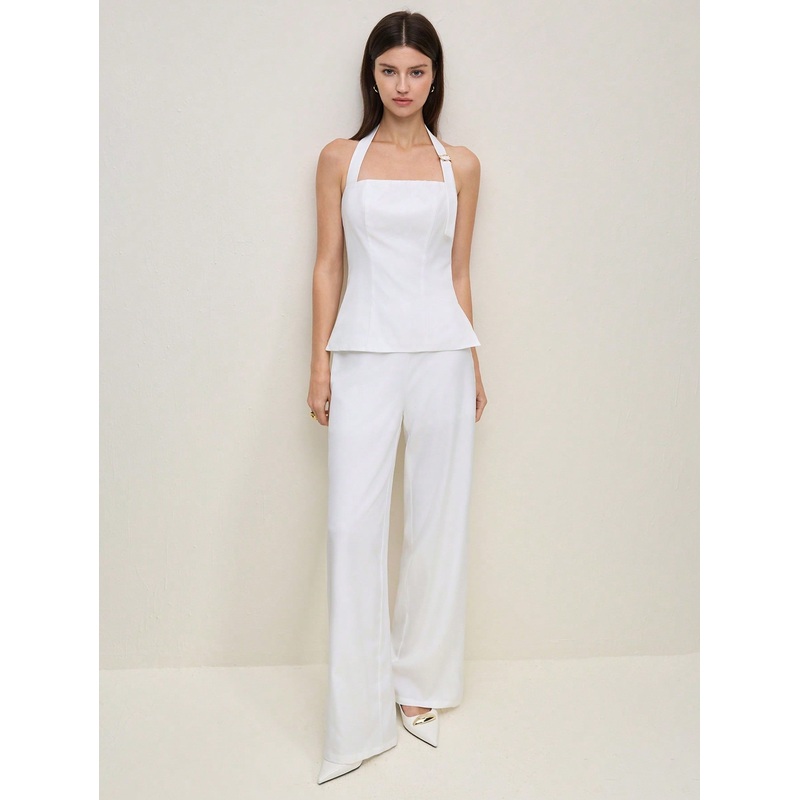 BizChic New Spring/Summer Women Daily Elegant White French Style Work Commute Two Pieces Set – Sleeveless Top & Trousers