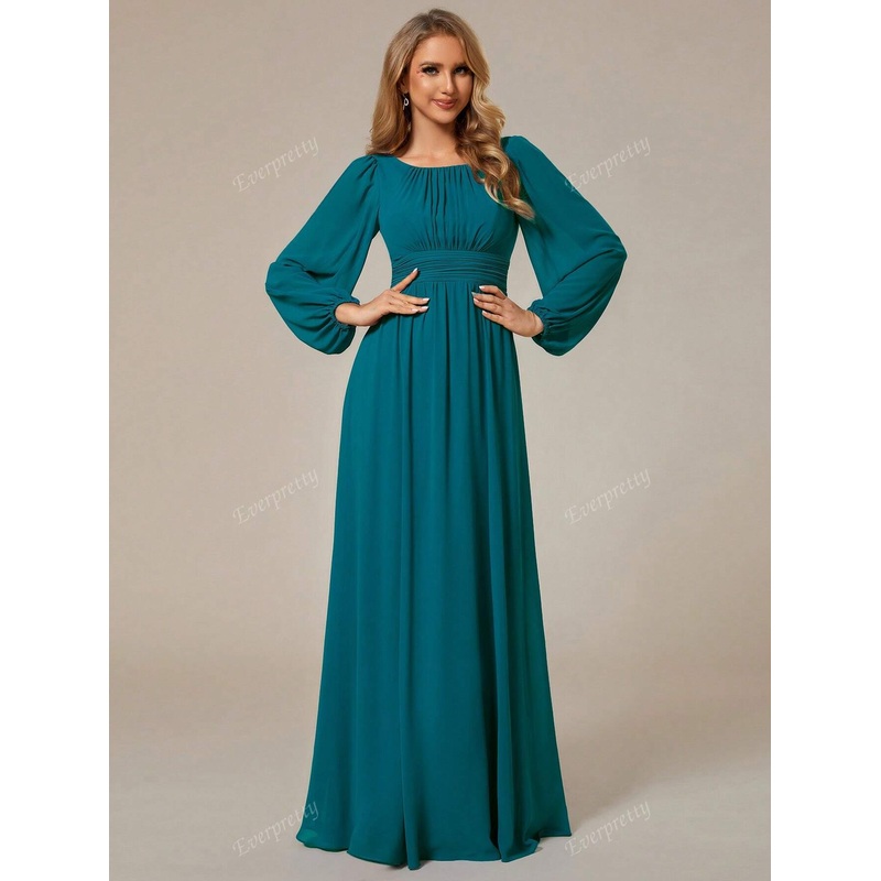 Elegant Fall Chiffon Round Neck Lantern Sleeve Long Sleeve Teal Blue Bridesmaid Dress Wedding Guest Gown For Wedding