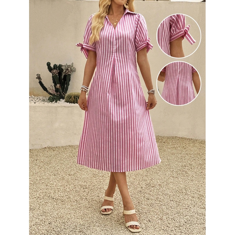 EMERY ROSE Women’s Casual Striped Polo Collar Short Sleeve Knotted Midi Dress