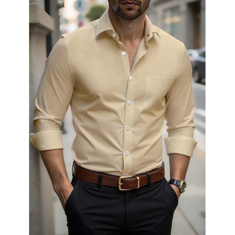 Manfinity Mode Men’s Solid Color Single-Breasted Pocket Sleeve Commuter Long Sleeve Shirt Men Fitted Shirts Clothes For Men Men Shirts Shirts For Men Men Casual Dress Shirts
