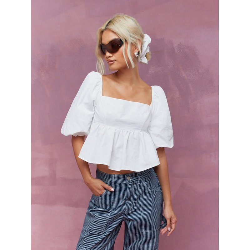 MISSGUIDED Square Neck Balloon Sleeves Peplum Top With Scrunchie