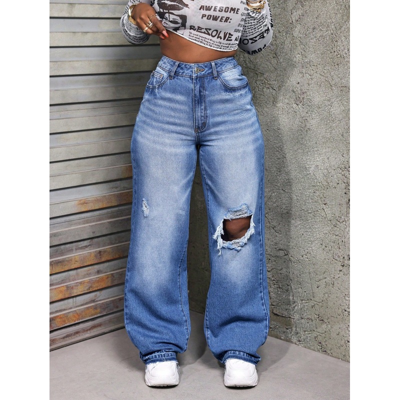 SHEIN Slayr Autumn Casual Distressed High Waist Wide Leg Jeans