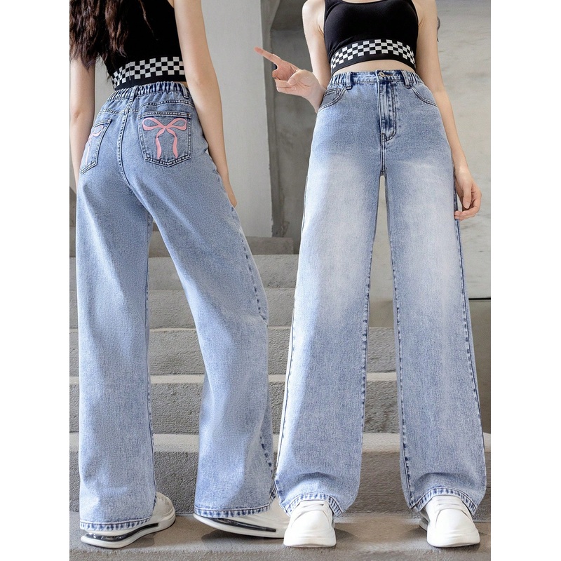 SHEIN Teen Girl Casual Butterfly Printed Straight Leg Jeans