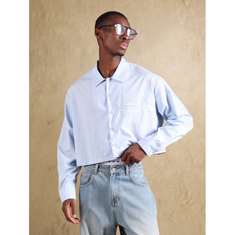 SUMWON Designer Collection Boxy Cropped Button Down Shirt Lightweight Summer Casual Short Sleeve Office Work Minimalist Streetwear