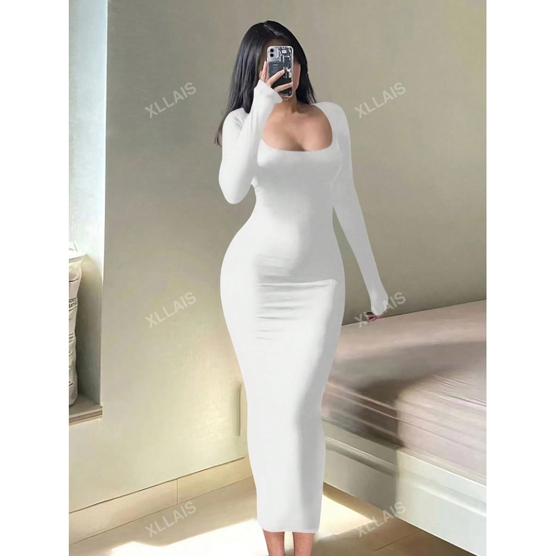 XLLAIS Solid Square Neck Long Sleeve Bodycon White Dress
