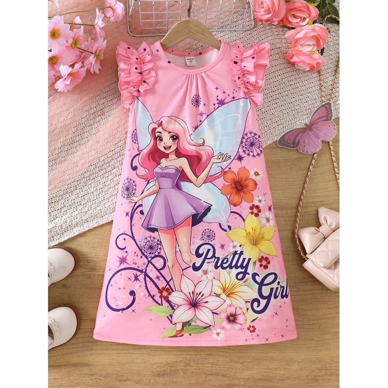Young Girl Cute Cartoon Fairy Floral Pattern Round Neck Ruffle Sleeve Loose Knit Comfortable Flame Retardant Nightgown